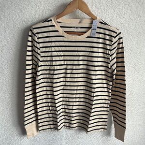 J Crew Premium Jersey Long Sleeve Crewneck T Shirt Stripe Womens Small Tan Black